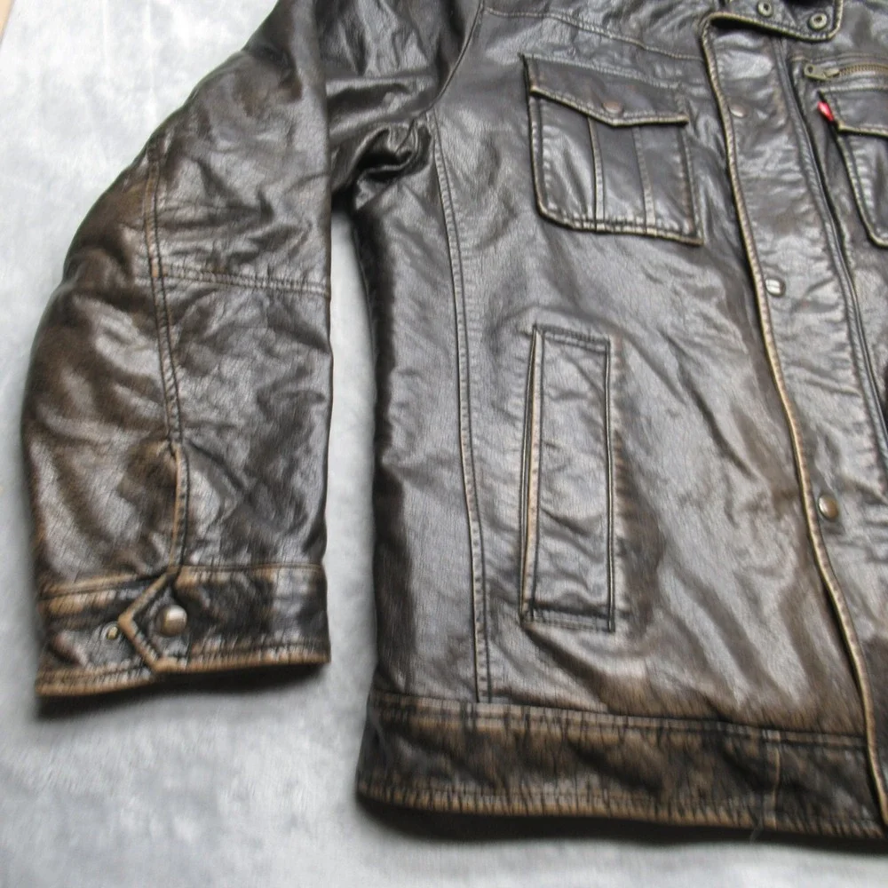 Levis Faux Leather Jacket Mens Large‎ Brown Sherpa Fleece Lined Full Zip Trucker - Picture 9 of 16